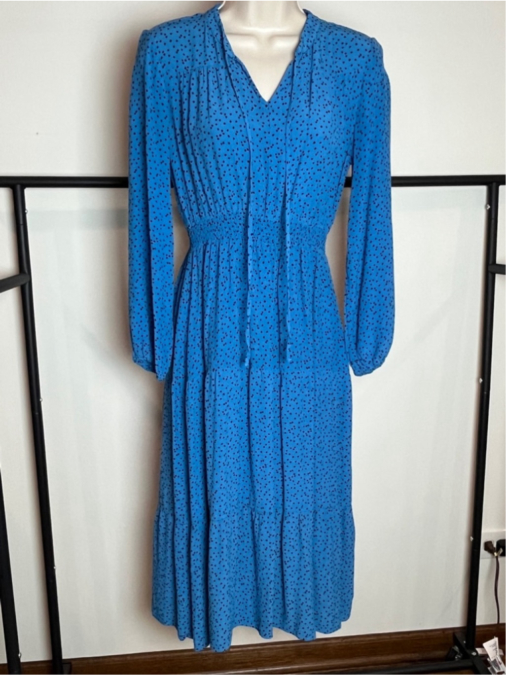 Polkadot Maxi Dress V-Neck Smocked Long Sleeve Cottagecore Boho Indie Fairy 8